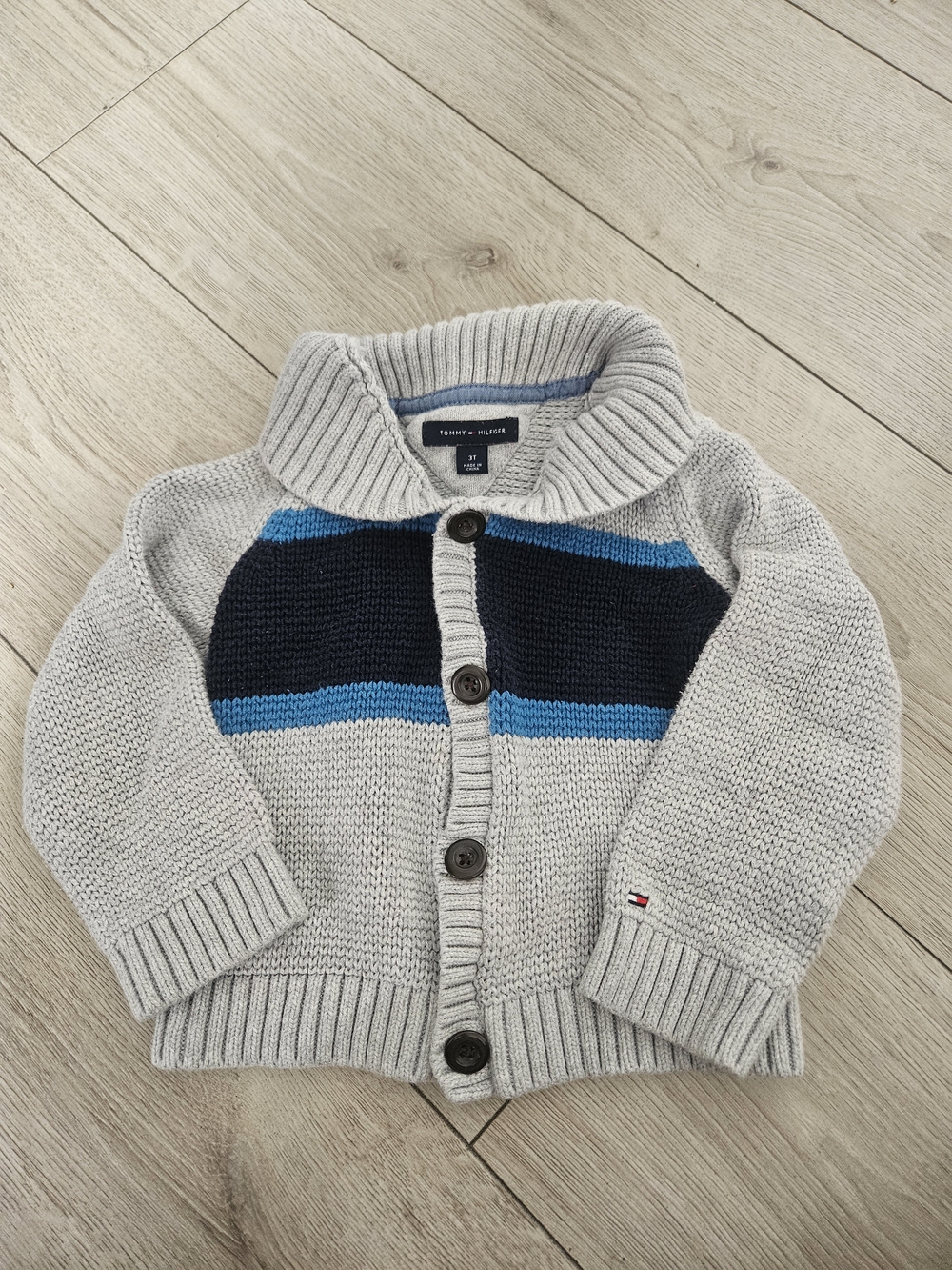 Tommy Hilfiger Boys Grey Stripe Chunky Knit Shawl Collar Cardigan Sweater 3T 🧶